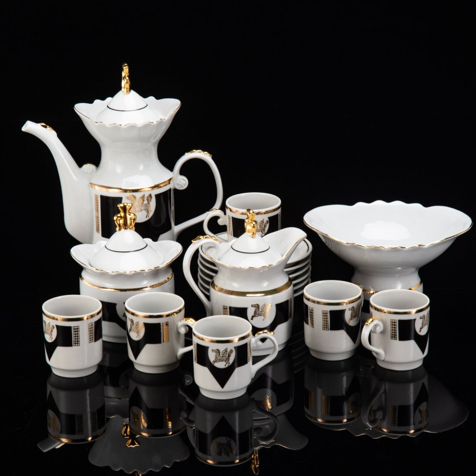 Сервиз кофейный "Пегас" на 6 персон (16 предметов), фарфор, крытье, деколь, золочение, Сумский фарфоровый завод, СССР, 1974-1991 гг.