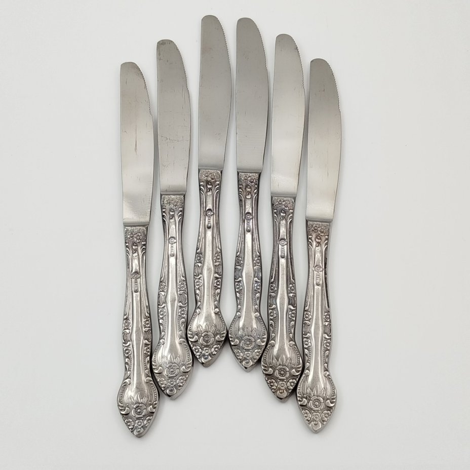 Набор столовых приборов на 6 песрон (30 предметов) с растительным декором в оригинальной коробке, нержавеющая стальл, картон, Павловский завод художественных металлоизделий им. С.М. Кирова