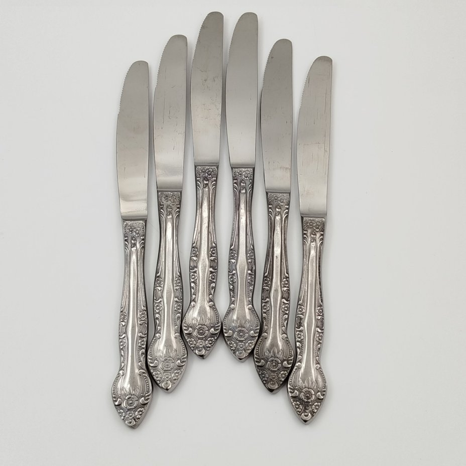 Набор столовых приборов на 6 песрон (30 предметов) с растительным декором в оригинальной коробке, нержавеющая стальл, картон, Павловский завод художественных металлоизделий им. С.М. Кирова