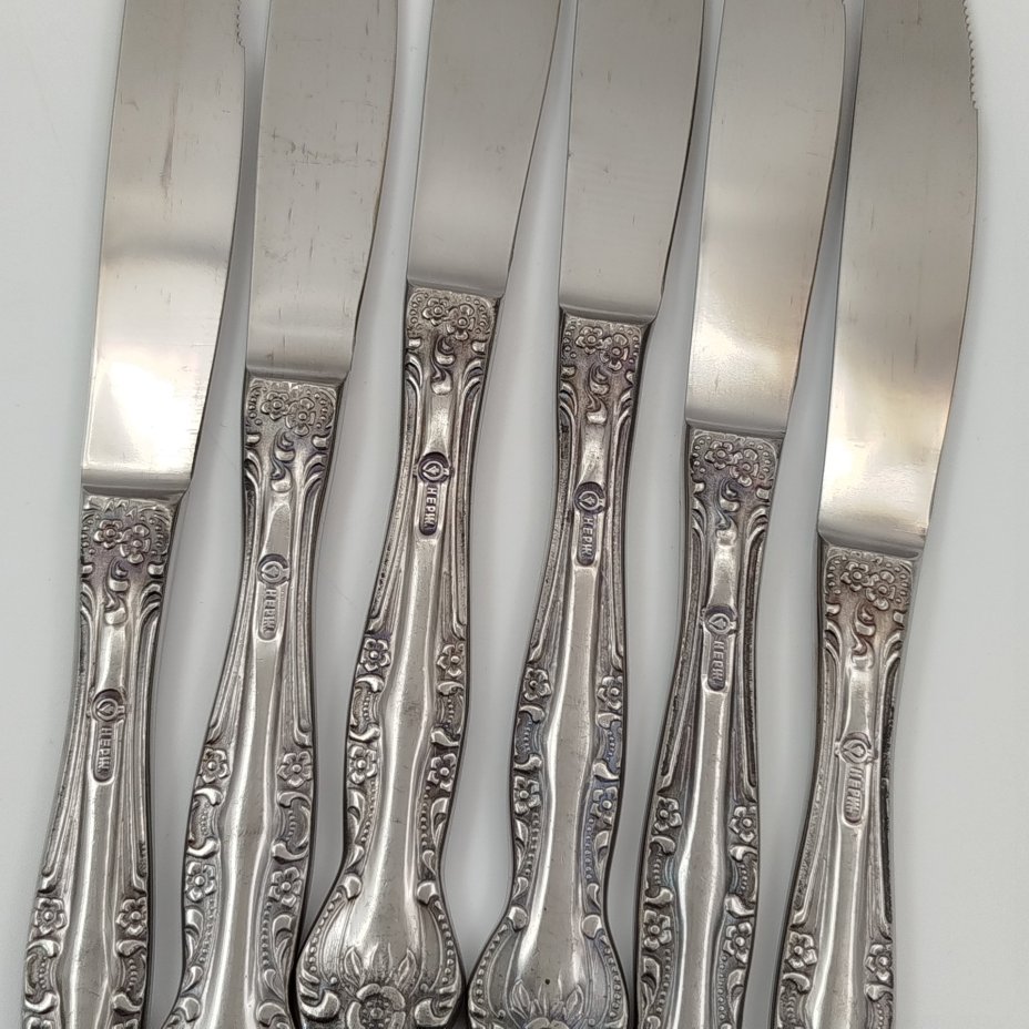 Набор столовых приборов на 6 песрон (30 предметов) с растительным декором в оригинальной коробке, нержавеющая стальл, картон, Павловский завод художественных металлоизделий им. С.М. Кирова