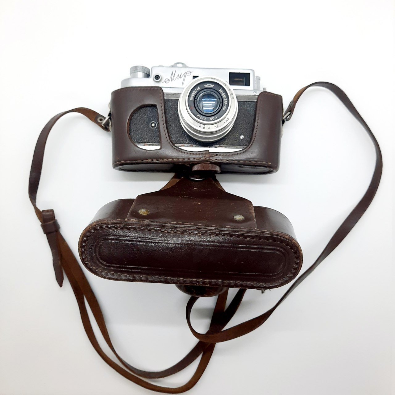 Фотоаппарат "Мир" с объективом "Индустар-50" в оригинальном кофре, металл, кожа, стекло, полимерный материал, Красногорский механический завод (КМЗ)