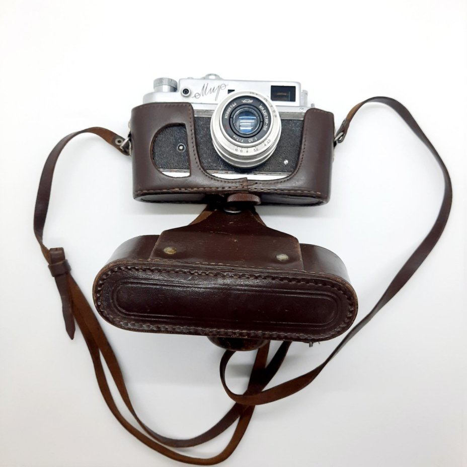 Фотоаппарат "Мир" с объективом "Индустар-50" в оригинальном кофре, металл, кожа, стекло, полимерный материал, Красногорский механический завод (КМЗ)