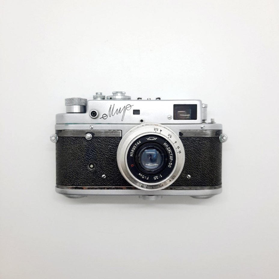 Фотоаппарат "Мир" с объективом "Индустар-50" в оригинальном кофре, металл, кожа, стекло, полимерный материал, Красногорский механический завод (КМЗ)