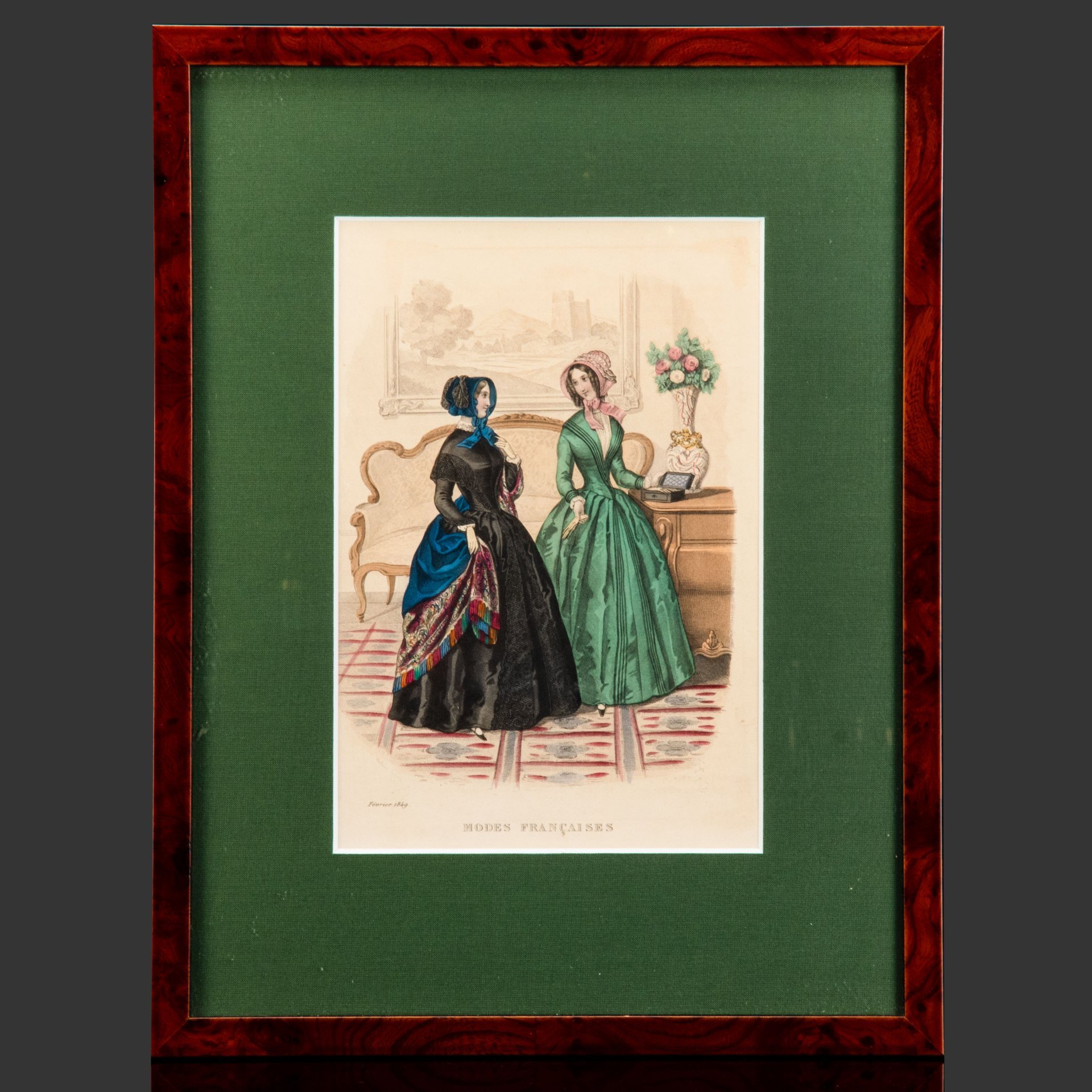 Иллюстрация к французскому журналу мод "Modes Francaises", выпуск февраль 1849 года, автор Элоиза Лелуар (Heloise Leloir), бумага, печать, картон, шпон (рама), Франция, 1849-1900 гг.