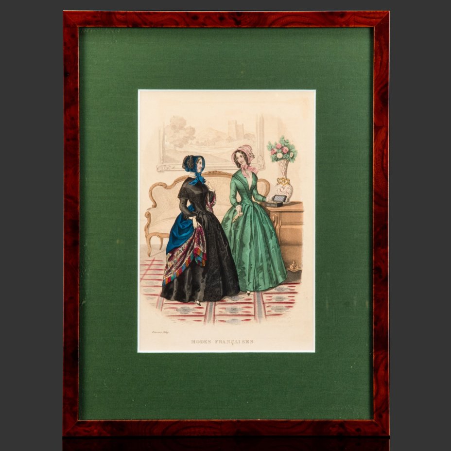 Иллюстрация к французскому журналу мод "Modes Francaises", выпуск февраль 1849 года, автор Элоиза Лелуар (Heloise Leloir), бумага, печать, картон, шпон (рама), Франция, 1849-1900 гг.