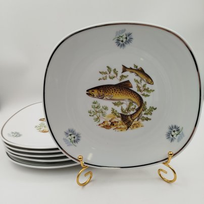 Набор из 6-ти тарелок прямоугольной формы "Рыбы", фарфор, деколь, Limoges, Франция, 1970-1990 гг., Limoges
