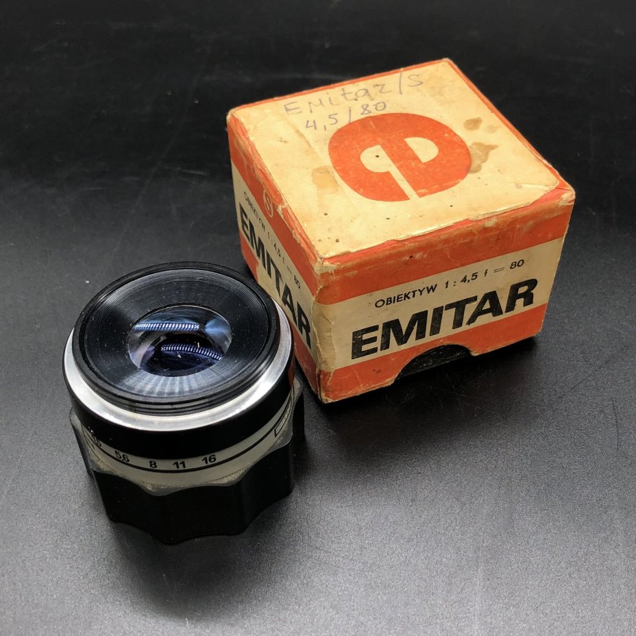 Объектив от фотоувеличителя "Emitar/S 4,5/80" в оригинальной коробке, PZO Warszawa