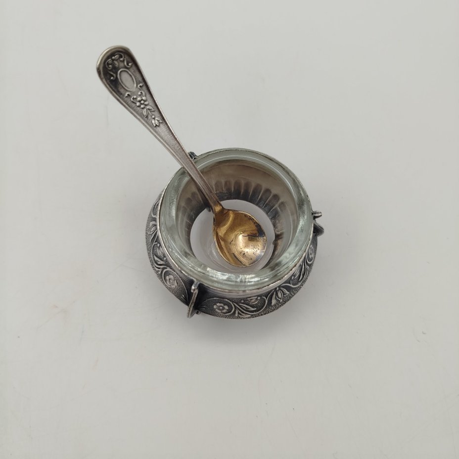 Солонка с ложкой, мНЦ (медь-никель-цинк), стекло, Мстерская художественная фабрика  «Ювелир», СССР, 1960-1980 гг., Мстерская художественная фабрика  «Ювелир»