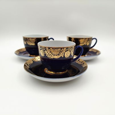 Набор из трёх чайных пар, украшенных ажурным декором, фарфор, крытье, золочение, Ленинградский фарфоровый завод (ЛФЗ), СССР, 1960-1969 гг.