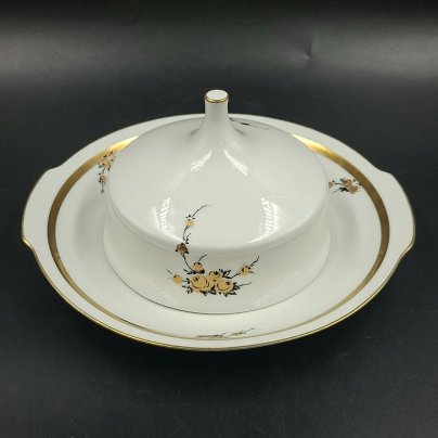 Маслёнка с цветочным декором золотистого цвета, фарфор, деколь, золочение, Graf Von Henneberg Porzellan, 1777 Jlmenau, ГДР, 1973-1977 гг.