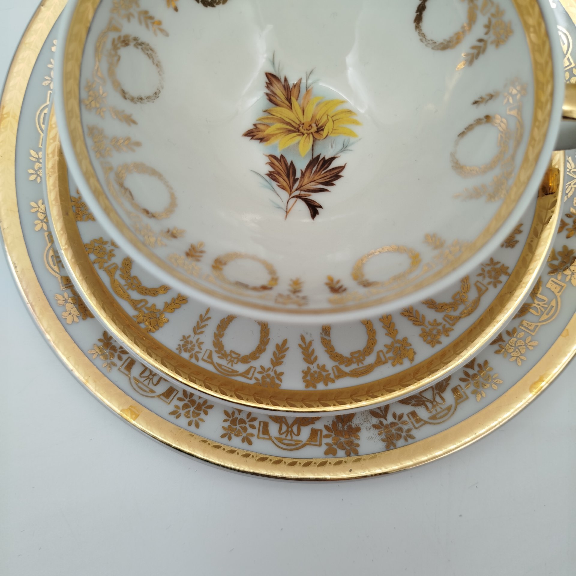 Трио чайное, украшенное цветочным декором, фарфор, деколь, золочение, PMR Bavaria Jaeger & Co., Германия, 1949-1979 гг.