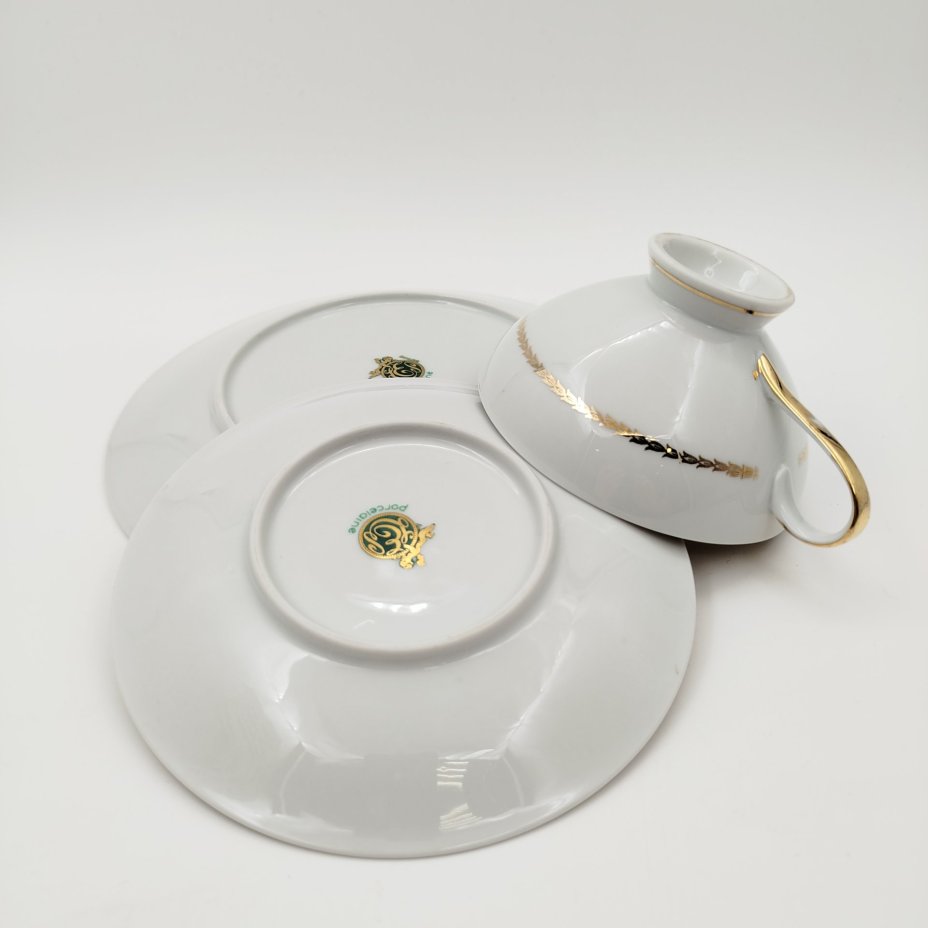 Трио чайное, украшенное цветочным декором, фарфор, деколь, золочение, PMR Bavaria Jaeger & Co., Германия, 1949-1979 гг.