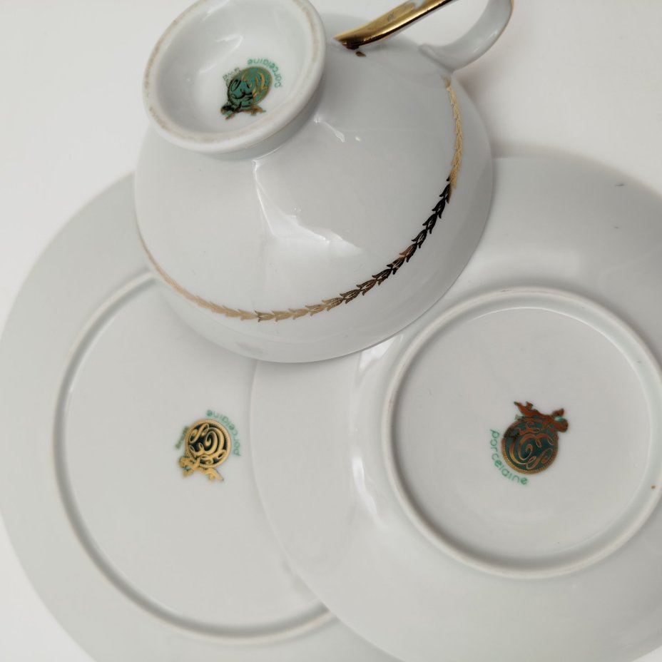 Трио чайное, украшенное цветочным декором, фарфор, деколь, золочение, PMR Bavaria Jaeger & Co., Германия, 1949-1979 гг.