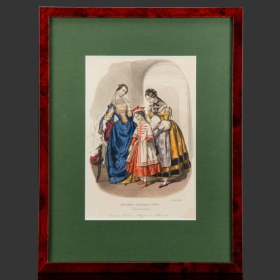 Иллюстрация к французскому журналу мод "Modes Francaises. Cravestissemens: Costumes Venitiens, Hongrois et Allemand" ("Французская мода. Наряды: венецианские, венгерские и немецкие костюмы"), выпуск февраль 1851 года, автор Элоиза Лелуар (Heloise Leloir), бумага, печать, картон, шпон (рама), Франция, 1851-1900 гг.