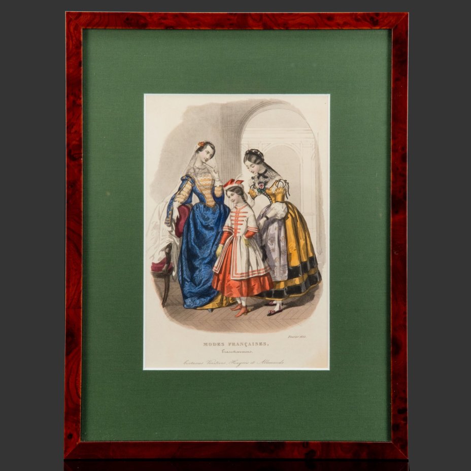 Иллюстрация к французскому журналу мод "Modes Francaises. Cravestissemens: Costumes Venitiens, Hongrois et Allemand" ("Французская мода. Наряды: венецианские, венгерские и немецкие костюмы"), выпуск февраль 1851 года, автор Элоиза Лелуар (Heloise Leloir), бумага, печать, картон, шпон (рама), Франция, 1851-1900 гг.