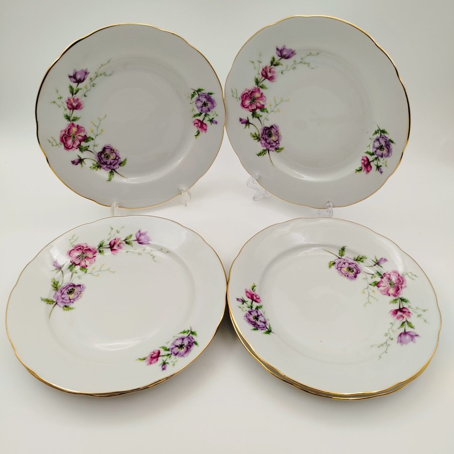 Набор из 6-ти десертных  тарелок с цветочным декором, "Gebrüder Benedikt", фарфор, деколь, золочение, Чехословакия, 1960-1990 гг.