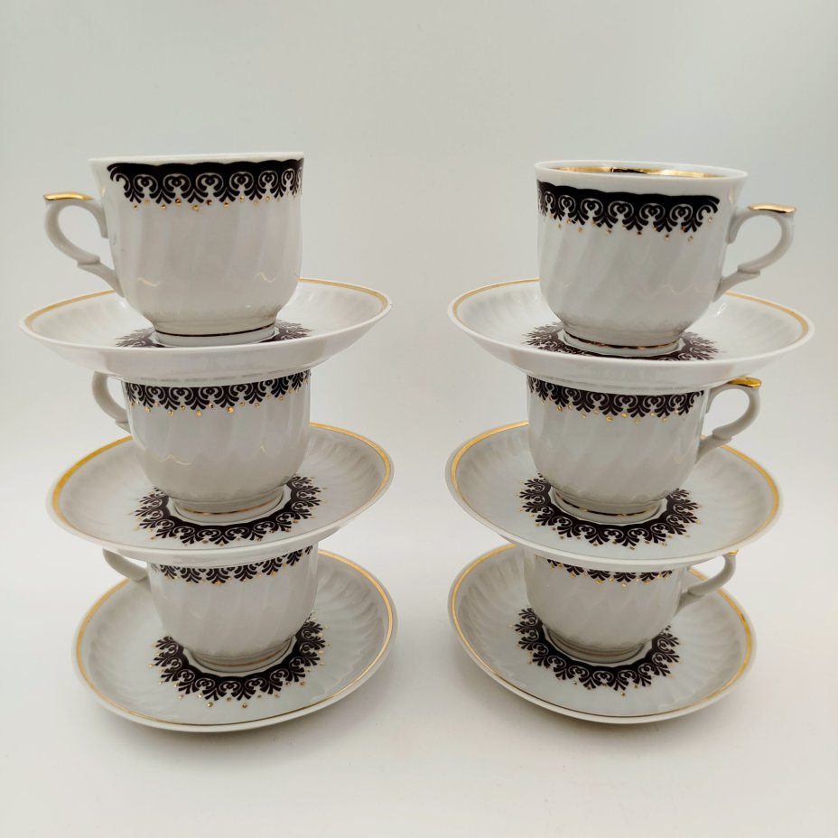 Набор из 6-ти кофейных пар с растительным орнаментом, фарфор, деколь, золочение, Рижский фарфорово-фаянсовый завод, СССР, 1970-1980 гг.