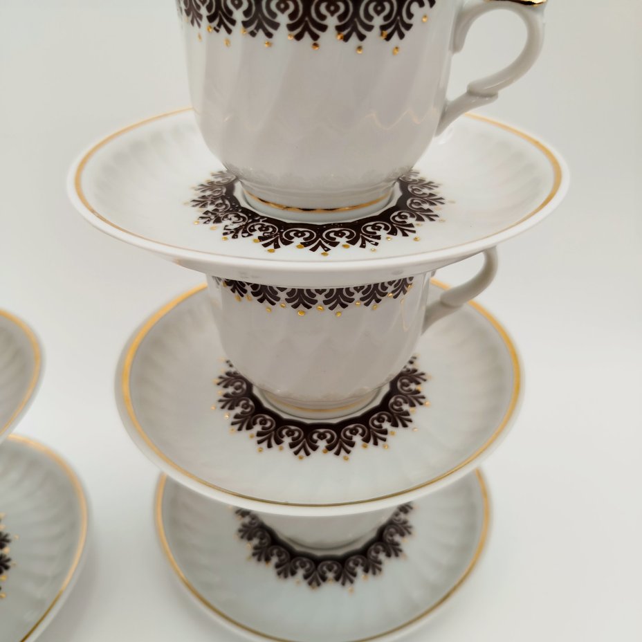 Набор из 6-ти кофейных пар с растительным орнаментом, фарфор, деколь, золочение, Рижский фарфорово-фаянсовый завод, СССР, 1970-1980 гг.