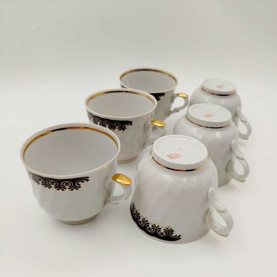 Набор из 6-ти кофейных пар с растительным орнаментом, фарфор, деколь, золочение, Рижский фарфорово-фаянсовый завод, СССР, 1970-1980 гг.