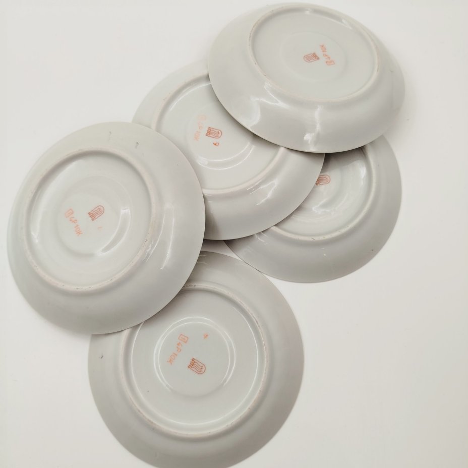 Набор из 6-ти кофейных пар с растительным орнаментом, фарфор, деколь, золочение, Рижский фарфорово-фаянсовый завод, СССР, 1970-1980 гг.