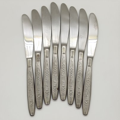 Набор из 8-ми десертных ножей с цветочным декором на ручках, сталь, Завод «Труд» (р.п. Вача), СССР, 1980-1990 гг.