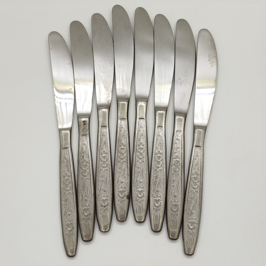 Набор из 8-ми десертных ножей с цветочным декором на ручках, сталь, Завод «Труд» (р.п. Вача), СССР, 1980-1990 гг.