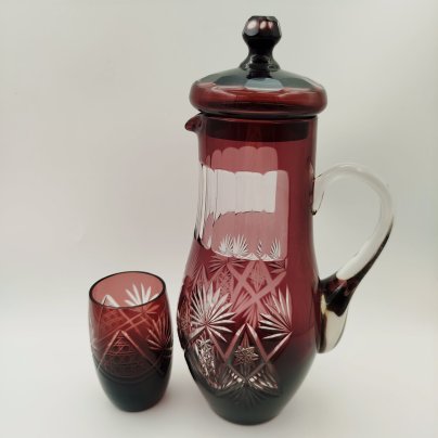 Прибор для воды (кувшин и стакан) марганцевого цвета, хрусталь, алмазная грань, Дятьковский хрустальный завод, СССР, 1970-1990 гг.