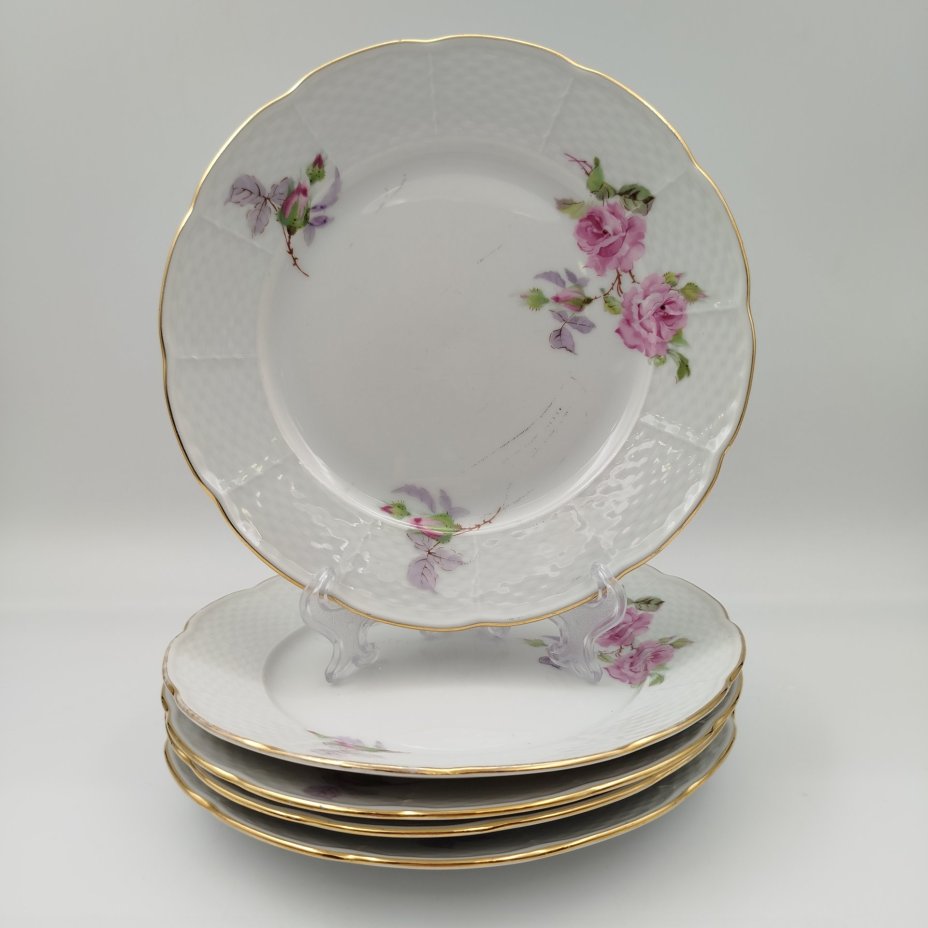 Набор десертных тарелок с цветочным декором на 5 персон, фарфор, деколь, золочение, Thun (Тун), Чехословакия, 1970-1990 гг.