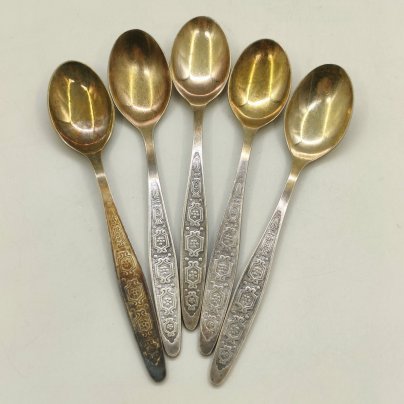 Набор чайных ложек на 5 персон, мНЦ (медь-никель-цинк), золочение, Кольчугинский завод цветных металлов, СССР, 1970-1990 гг.