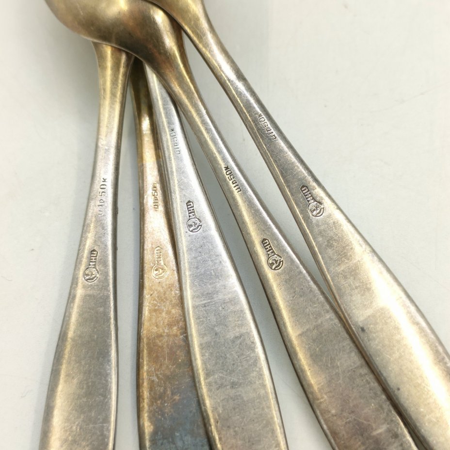 Набор чайных ложек на 5 персон, мНЦ (медь-никель-цинк), золочение, Кольчугинский завод цветных металлов, СССР, 1970-1990 гг.