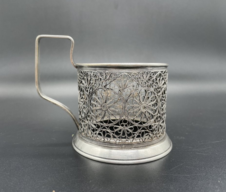 Подстаканник с ажурным цветочным декором, мельхиор (медь-никель), скань, Мстерский завод художественных изделий «Ювелир», СССР, 1955 г.