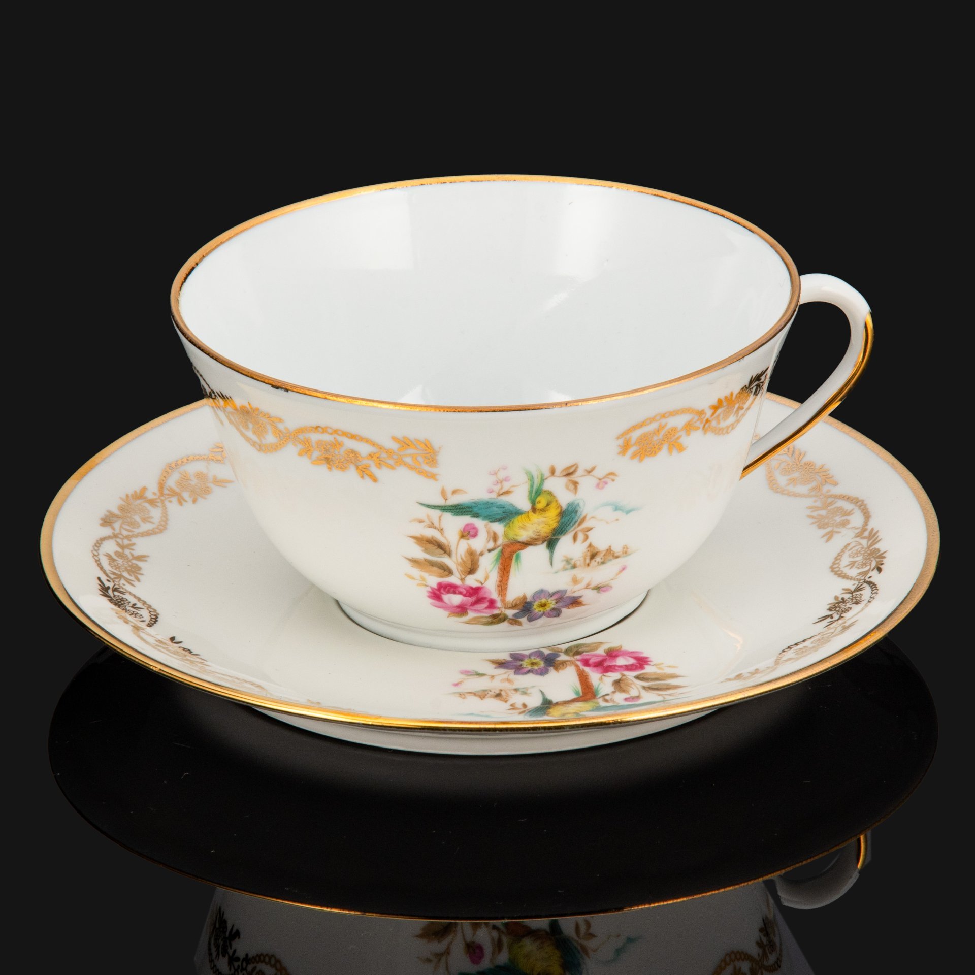 Чайная пара "Райская птичка", фарфор, деколь, золочение, Limoges, Limoges