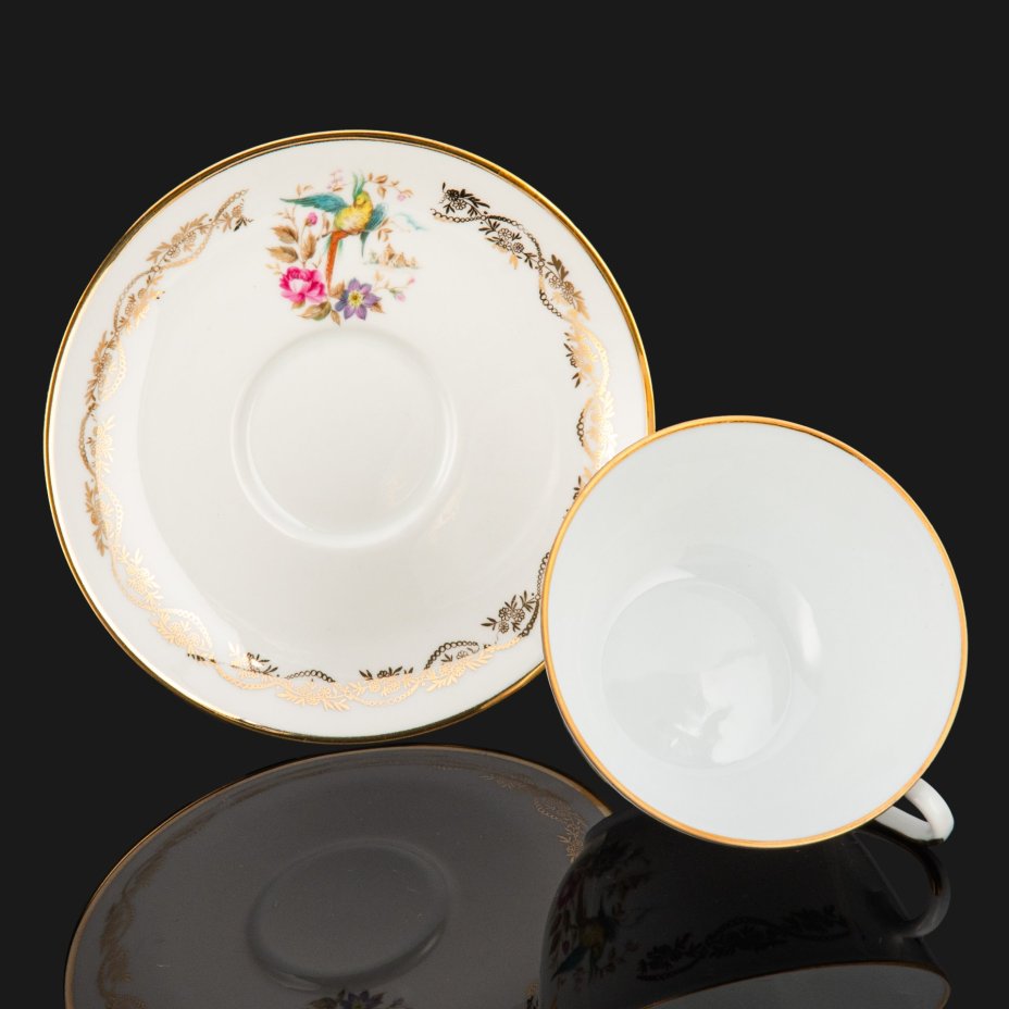 Чайная пара "Райская птичка", фарфор, деколь, золочение, Limoges, Limoges