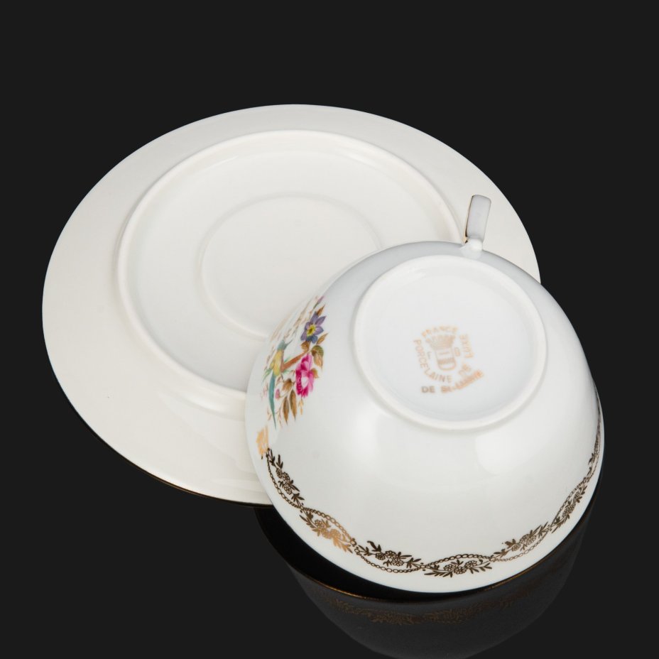 Чайная пара "Райская птичка", фарфор, деколь, золочение, Limoges, Limoges