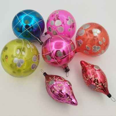 Набор елочных игрушек с росписью (7 штук), стекло, стекло, роспись, металл, СССР, 1950-1970 гг.