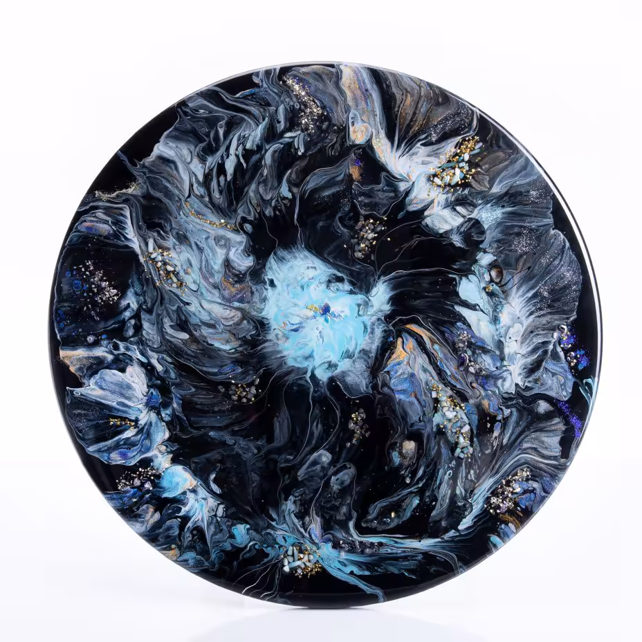 Панно настенное "Майская ночь",  авторская ручная работа в технике Resin Art, глянцевое 3D покрытие, натуральный камень, стекло, Россия, 2021 г.