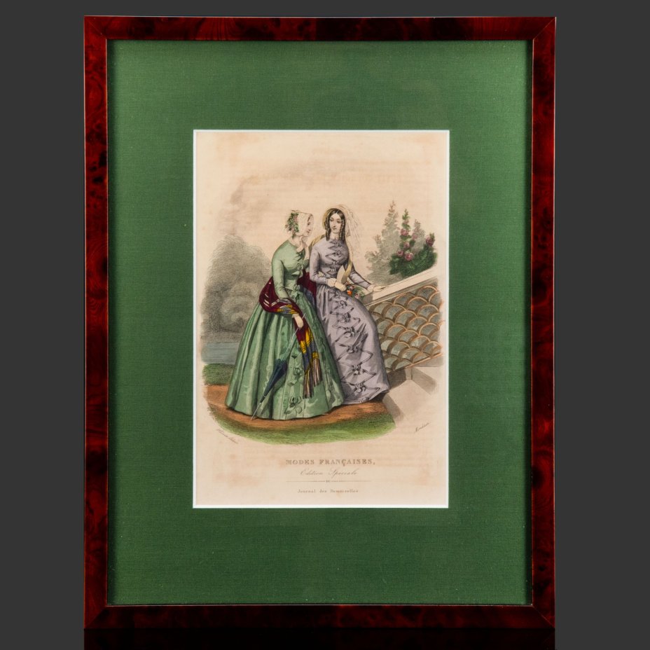 Иллюстрация к французскому журналу мод "Modes Francaises: Edition Speciale Du Journal des Demoiselles" ("Французская мода: Специальный выпуск журнала для молодых леди "), автор Элоиза Лелуар (Heloise Leloir), бумага, печать, картон, шпон (рама), Франция, 1850-1900 гг.