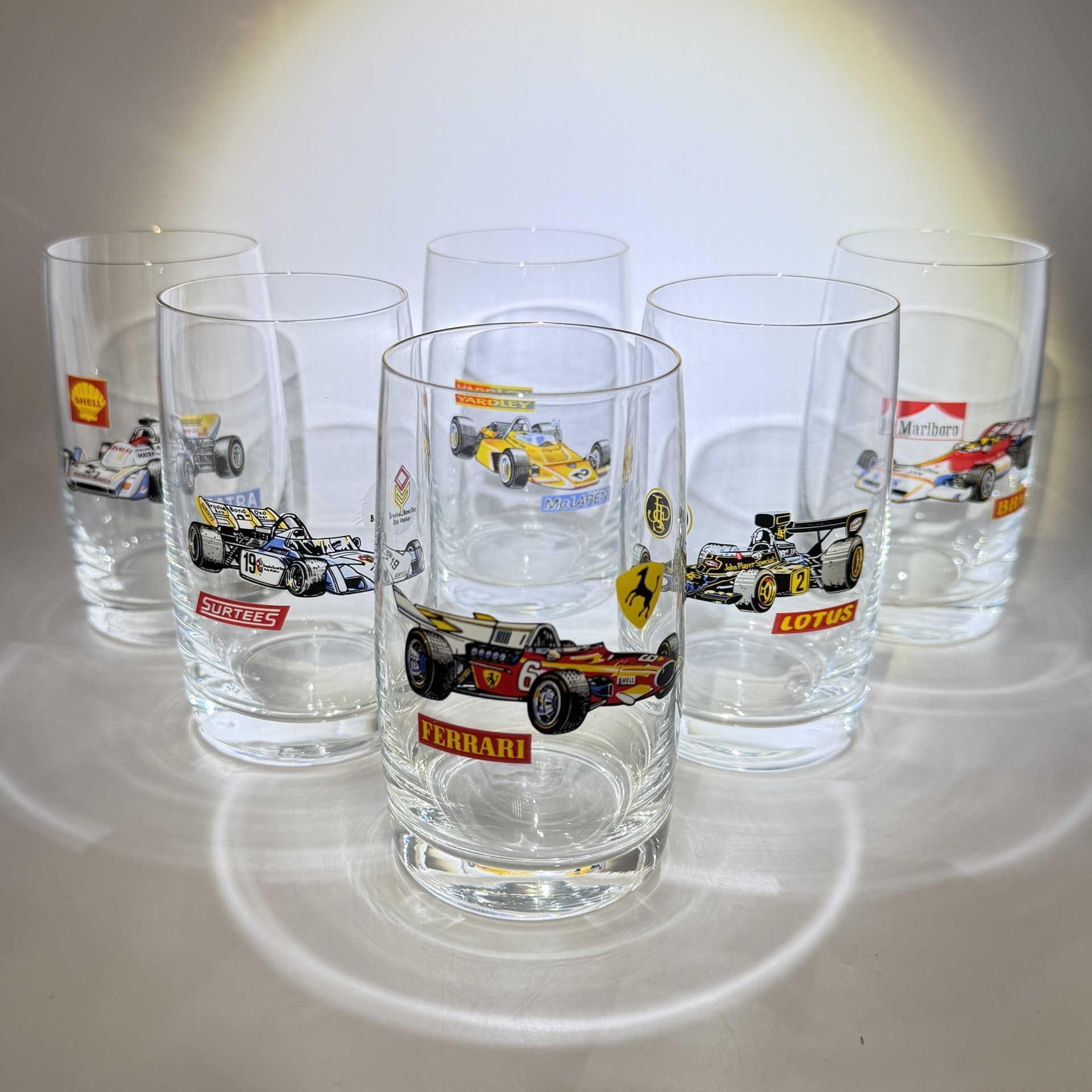 Набор из 6-ти стаканов "Formula - 1", стекло, деколь, золочение, Чехословакия, 1980-1990 гг.