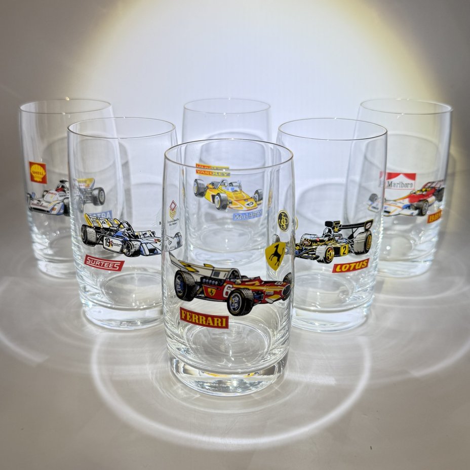 Набор из 6-ти стаканов "Formula - 1", стекло, деколь, золочение, Чехословакия, 1980-1990 гг.