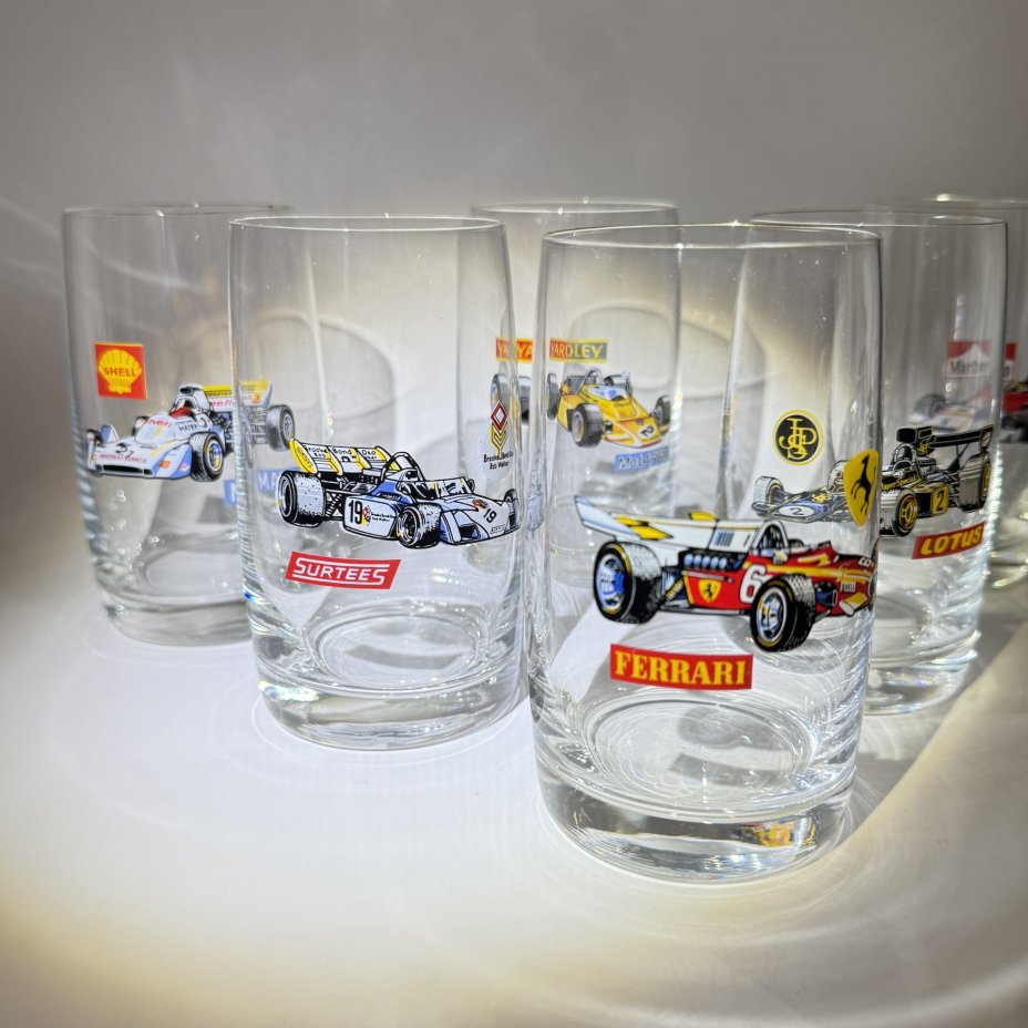 Набор из 6-ти стаканов "Formula - 1", стекло, деколь, золочение, Чехословакия, 1980-1990 гг.