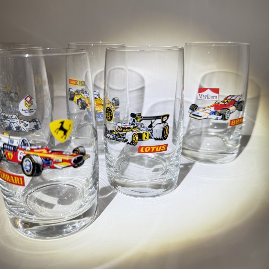 Набор из 6-ти стаканов "Formula - 1", стекло, деколь, золочение, Чехословакия, 1980-1990 гг.