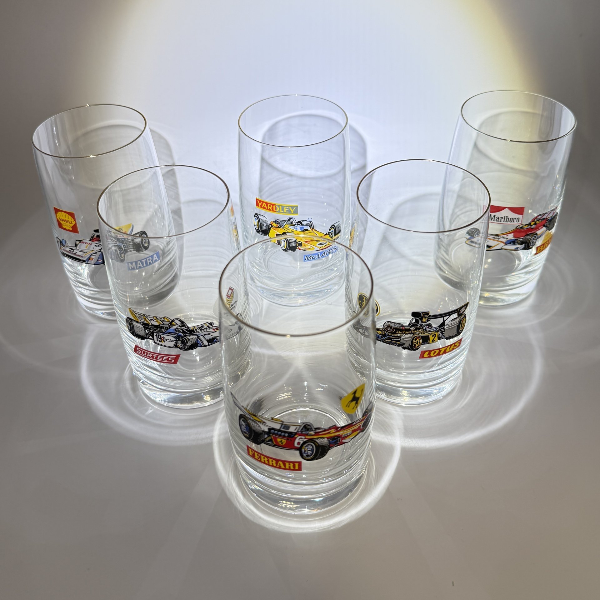 Набор из 6-ти стаканов "Formula - 1", стекло, деколь, золочение, Чехословакия, 1980-1990 гг.