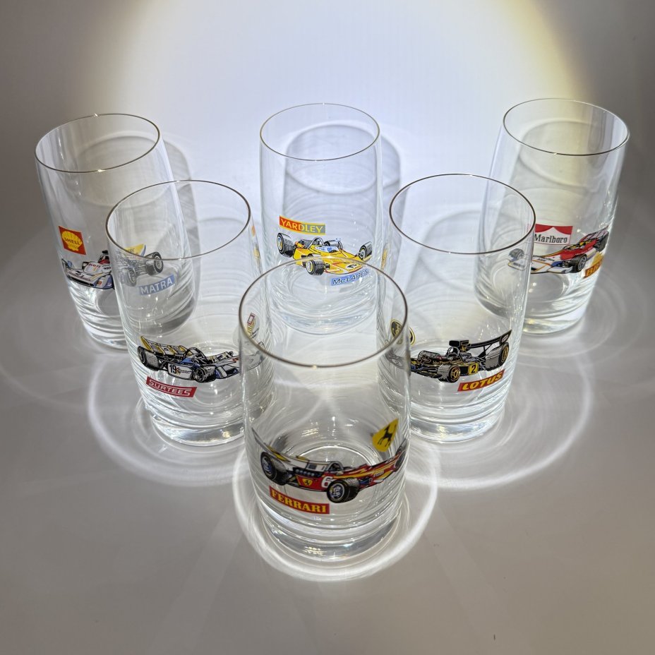 Набор из 6-ти стаканов "Formula - 1", стекло, деколь, золочение, Чехословакия, 1980-1990 гг.