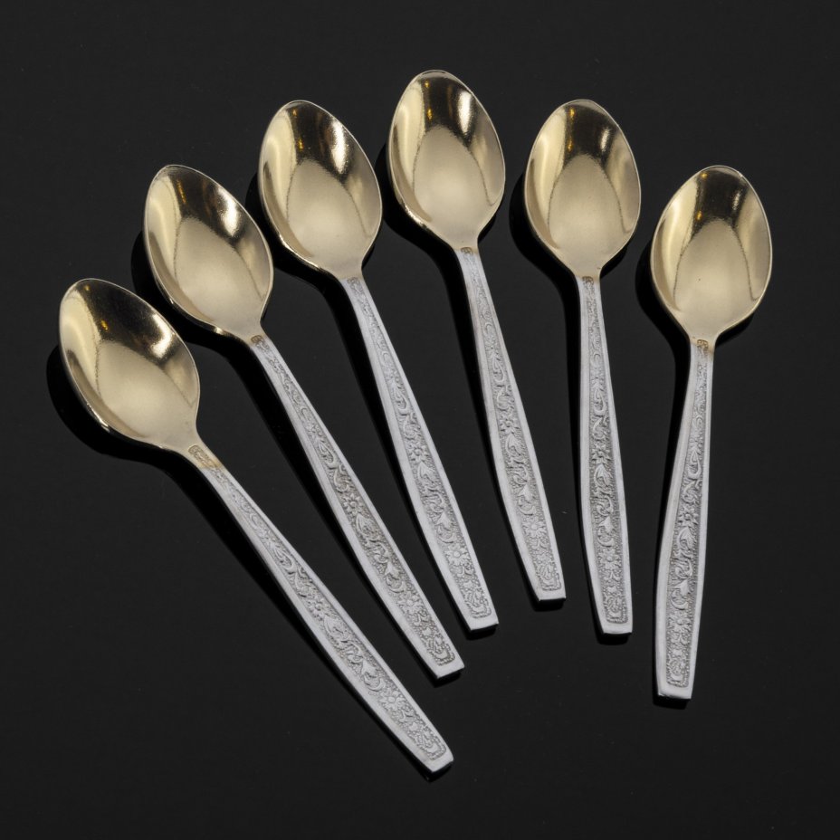 Набор из 6 кофейных ложек в коробке, сталь, нержавеющая, золочение, Металлургический завод «Электросталь», СССР, 1950-1962 гг., Металлургический завод «Электросталь»