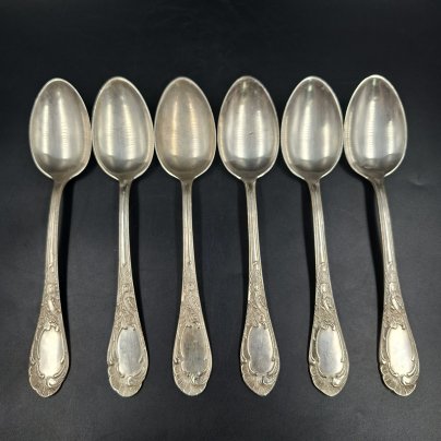 Набор из шести столовых ложек с растительным декором, мНЦ (медь-никель-цинк), Киевский завод столовых приборов и посуды им. Дзержинского (ЗiД, ЗиД), СССР, 1960-1990 гг.