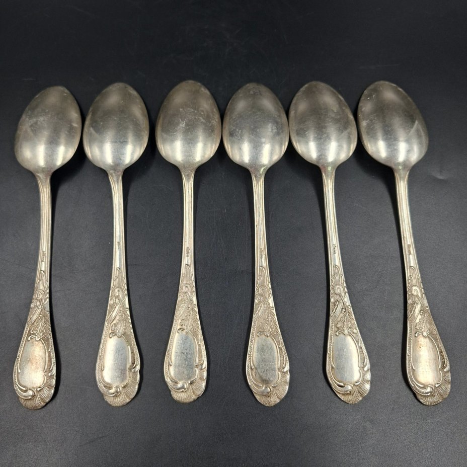 Набор из шести столовых ложек с растительным декором, мНЦ (медь-никель-цинк), Киевский завод столовых приборов и посуды им. Дзержинского (ЗiД, ЗиД), СССР, 1960-1990 гг.