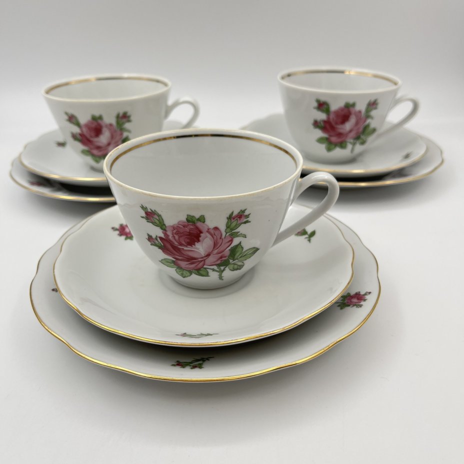 Набор чайных трио "Мейсенская роза" на 3 персоны, фарфор, деколь, золочение, Colditz (Кольдиц), ГДР, 1970-1980 гг.