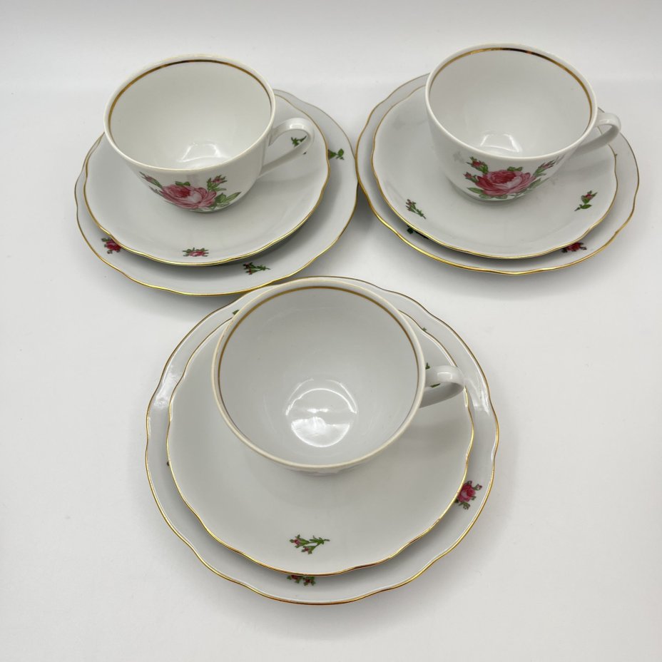 Набор чайных трио "Мейсенская роза" на 3 персоны, фарфор, деколь, золочение, Colditz (Кольдиц), ГДР, 1970-1980 гг.