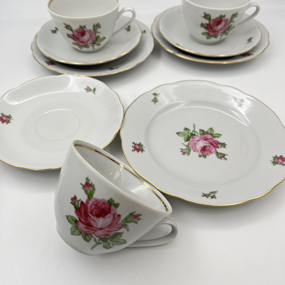 Набор чайных трио "Мейсенская роза" на 3 персоны, фарфор, деколь, золочение, Colditz (Кольдиц), ГДР, 1970-1980 гг.