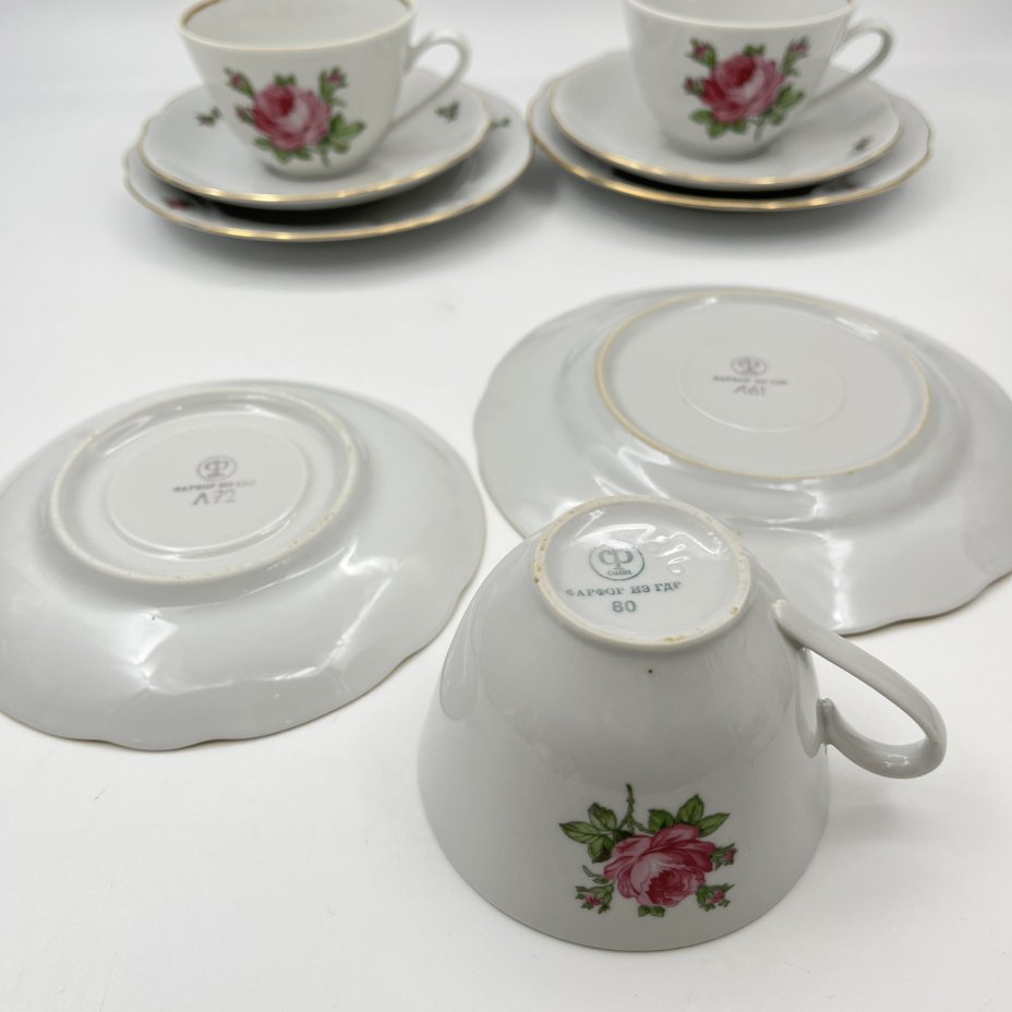 Набор чайных трио "Мейсенская роза" на 3 персоны, фарфор, деколь, золочение, Colditz (Кольдиц), ГДР, 1970-1980 гг.
